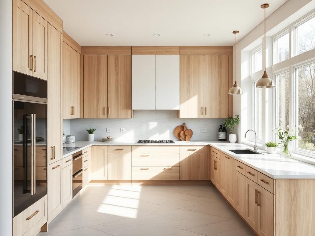 White oak kitchen with marble counters